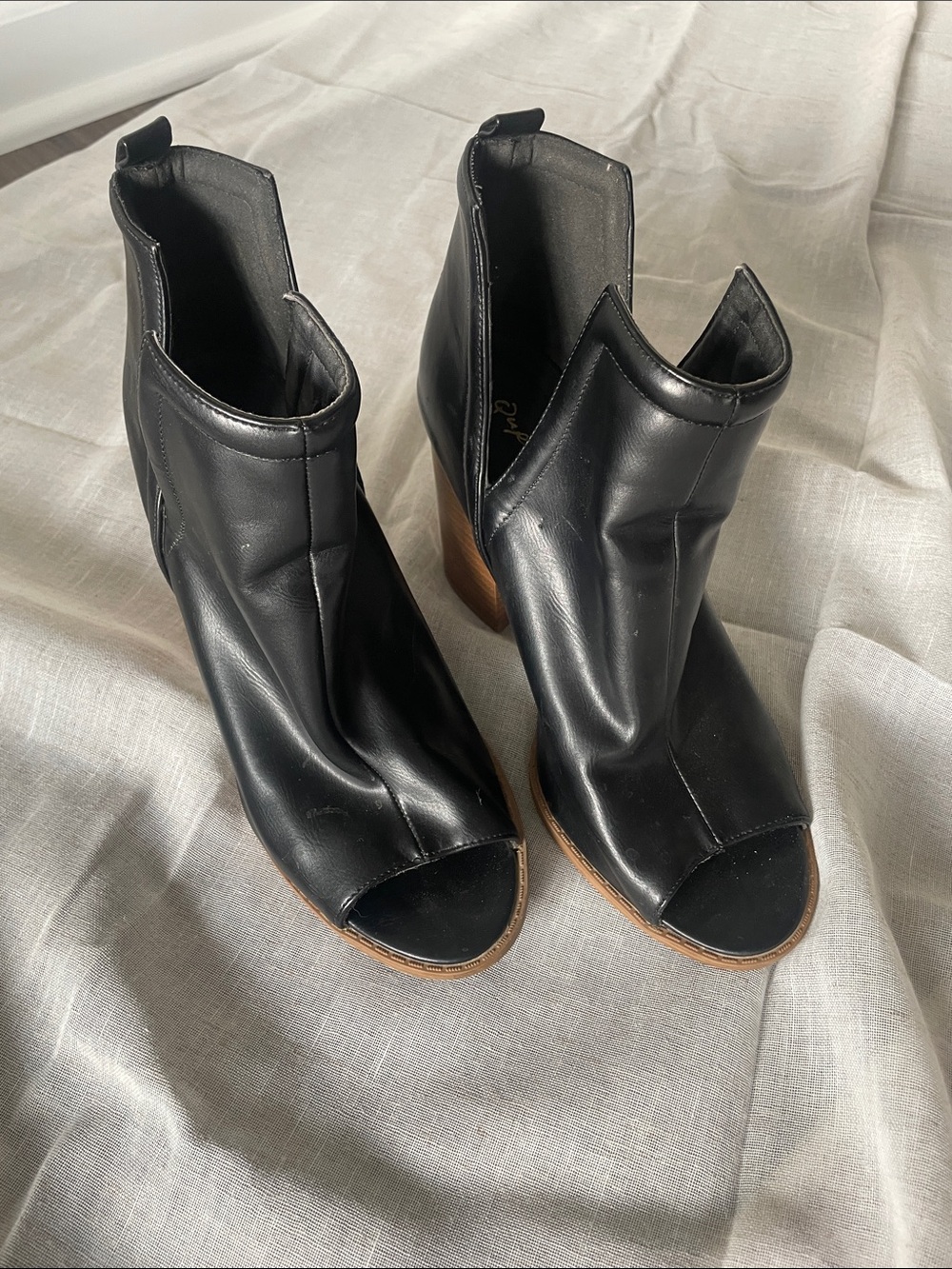 Qupid Black Open-Toe Faux Leather Chunky Heel Ankle Booties